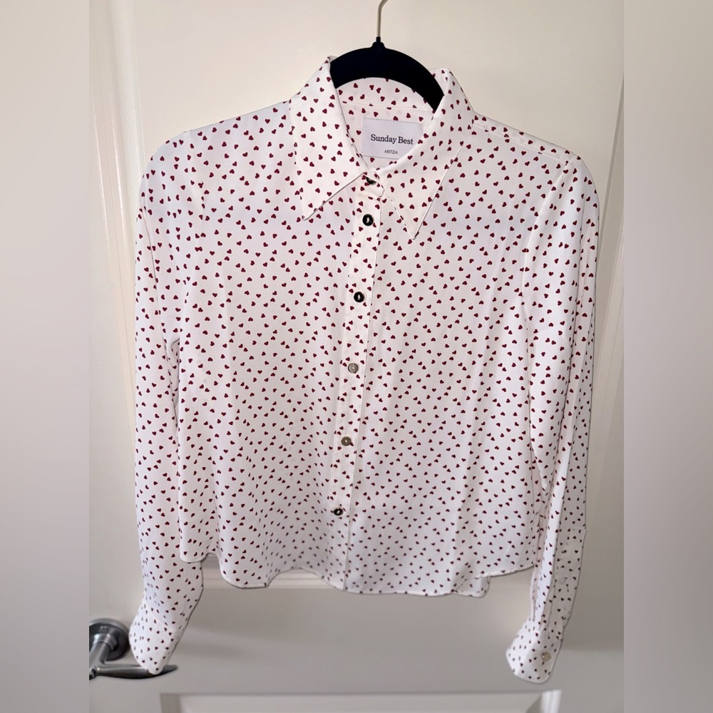 Aritzia White Blouse with Red Hearts